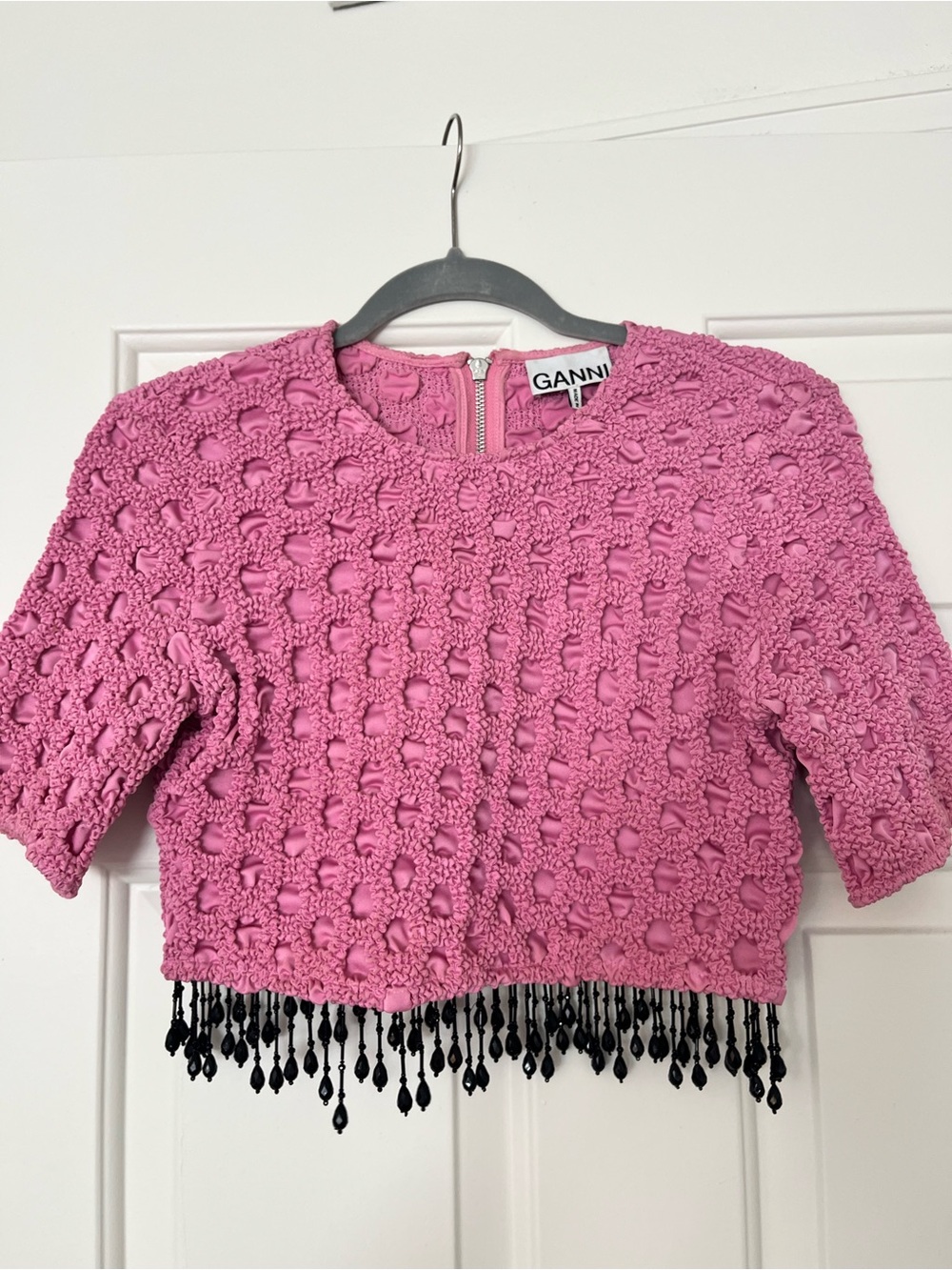 Ganni Pink Crochet Crop Top with Black Beaded Fringe
